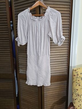 MABLE Smocked skirt Beige Mini Dress with Ruffled Neckline And Sleeves NWOT